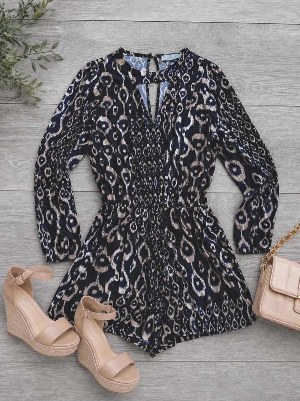 New Veronica M Navy Ikat Print Romper | Long Sleeve Keyhole Romper | Size: M